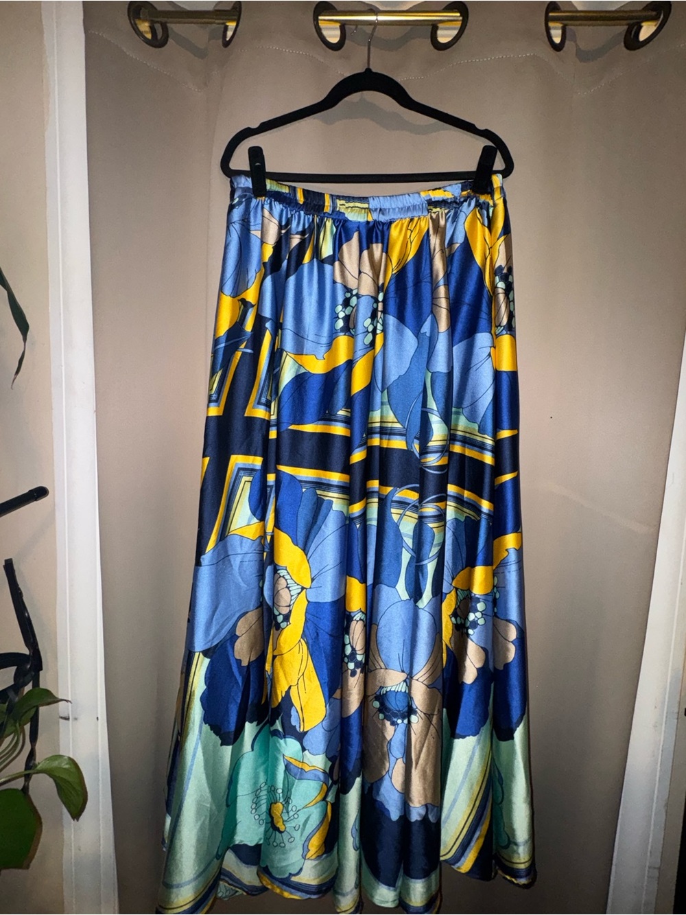 Ashley Stewart Blue, Yellow & Tan Floral Satin Maxi Skirt